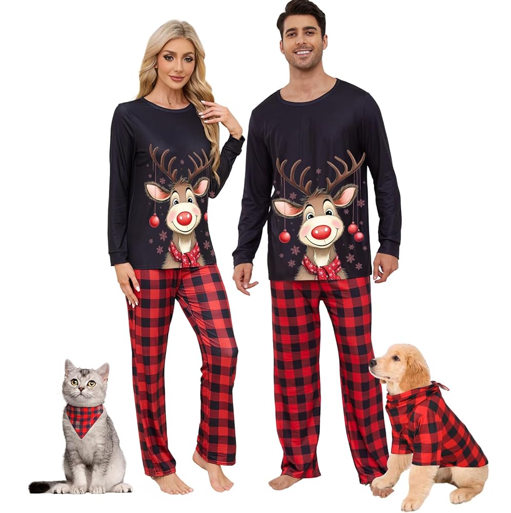 SANSTHS Christmas Matching Couple Pajamas Sets Family Xmas Holiday Long Sleeve Sleepwear Festival PJ Set